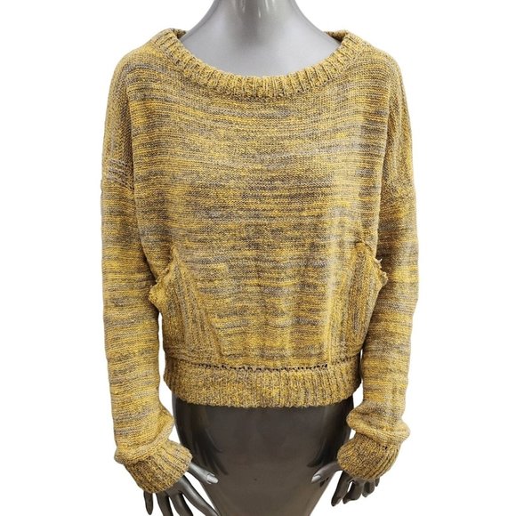 Free People Gold Sweater Small Yellow Grey Pockets Longsleeve Top - Picture 2 of 4